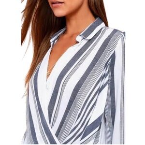 Lulus Sail West Blue/White L‎ StripedSurplice Top 100% Rayon comfy casual